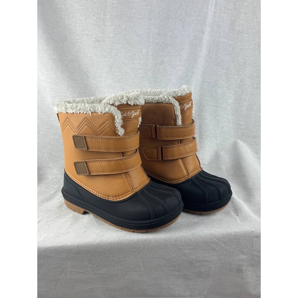 Cat & Jack Kids Tan Black Faux Fur Lined Winter Duck Boots Size 12
